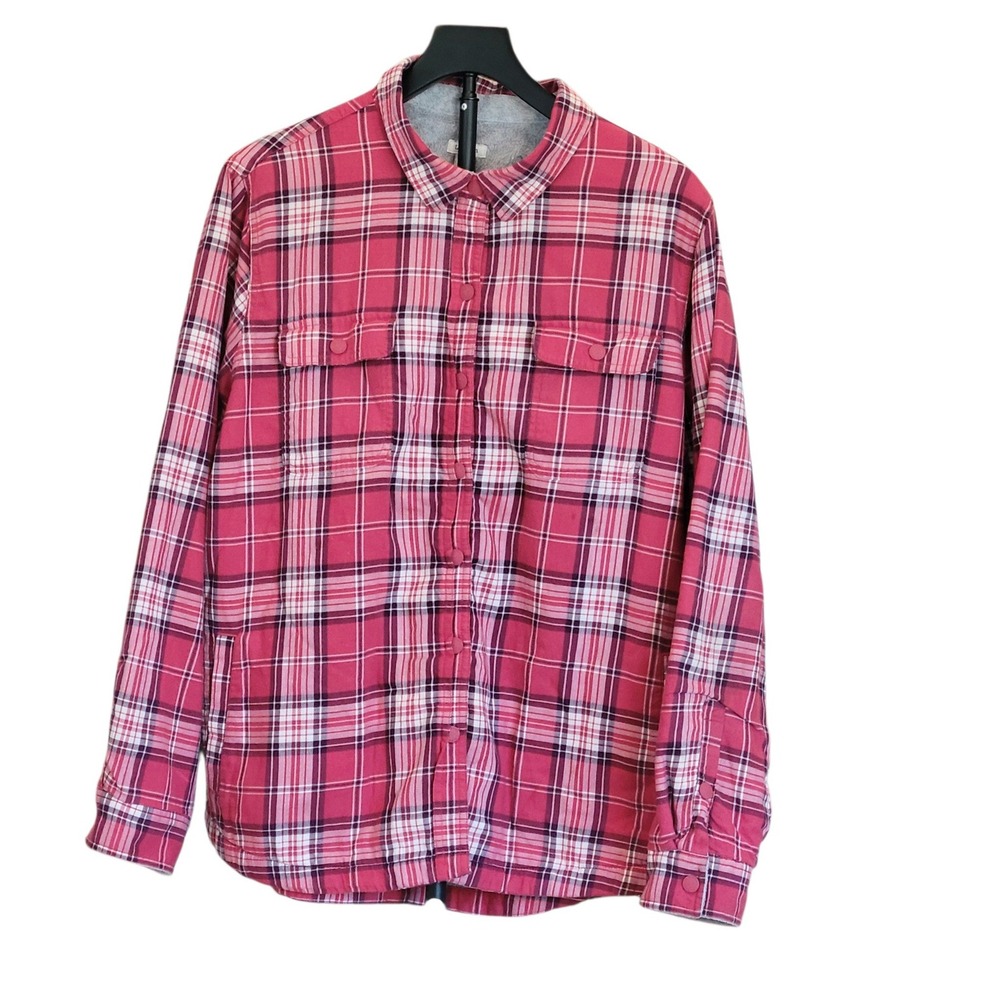 LL Bean Womens Fleece Lined Flannel Shirt Jacket Pink Plaid XL 505597 Shacket